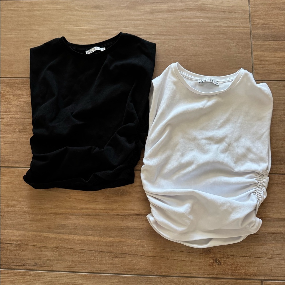 Zara Ruched Black and White T-Shirt Tank Top Shirts